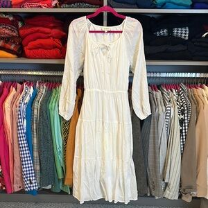 Aura white long sleeve lined front tie gauzy midi dress size S